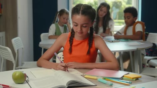 Caucasian Girl Student Primary Class School Education Smiling Child Kid Daughter Pupil Schoolgirl in