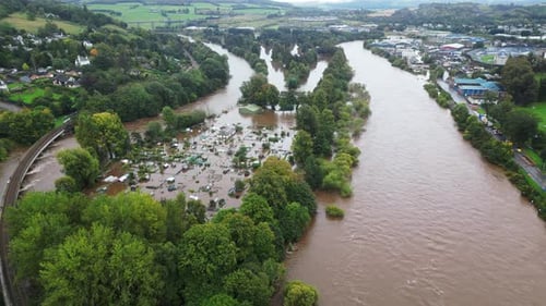 Aerial Drone View of Severe River Flooding and Submerged City Landscapes