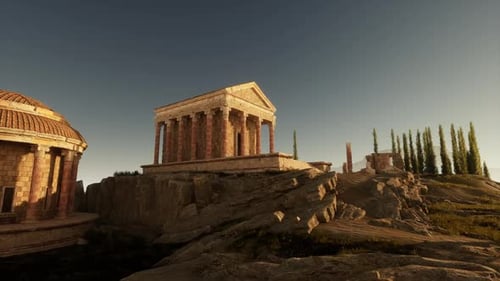 Ruines d'un ancien temple romain debout dans une nature sereine au coucher du soleil