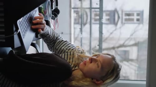 Creative Female Checking Social Media Browsing Internet View From Big Window