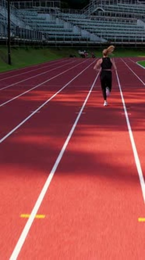 Young Woman Running On Red Athletic Track At Outdoor Stadium