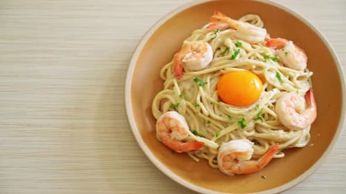 Pasta with Shrimp and Egg Yolk Top View