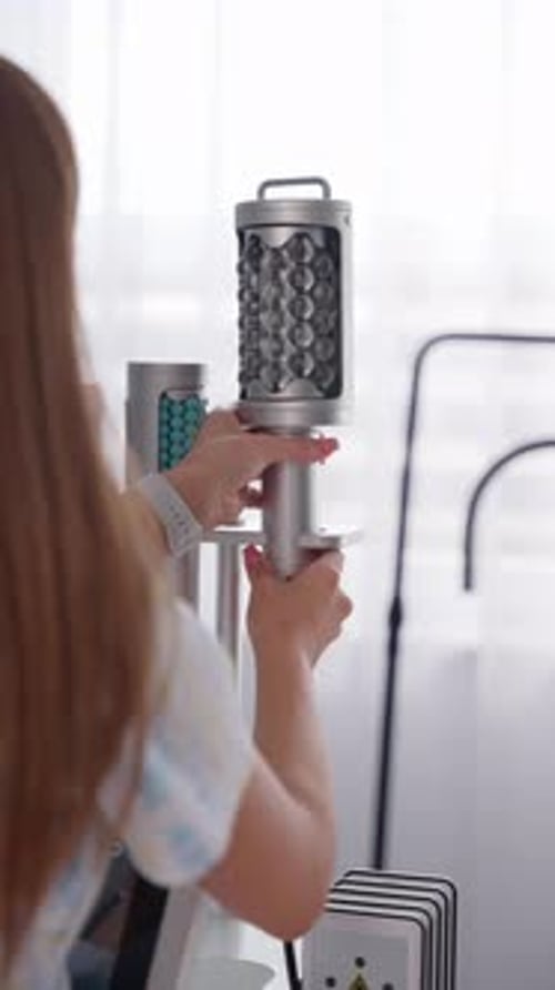 Woman Connecting Medical Device in Bright Room