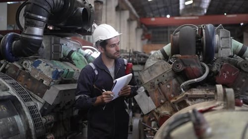 Engineer is working at train machine part factory.