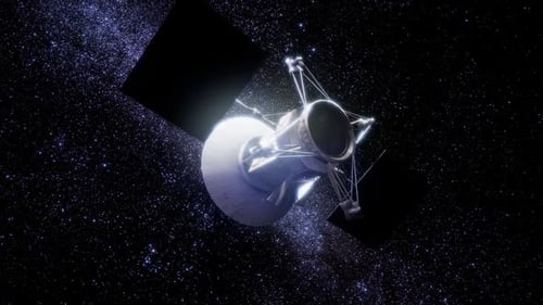 Futuristic Satellite Exploring Distant Space with Stars