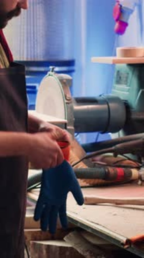 Vertical Video Carpenter in Woodworking Shop Putting on Protection Gloves