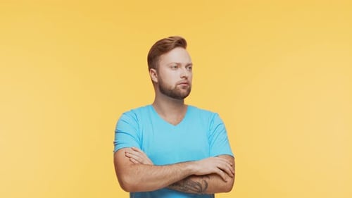 Thinking Young Man Over Vibrant Background Studio Portrait of Expressive Handsome Person