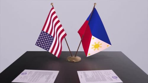 Philippines and USA at the negotiating table, a diplomatic deal. Business and politics animation