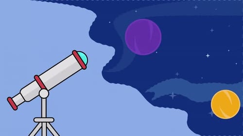 Flat Design Telescope Observing Planets in Space Animation