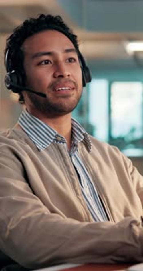 Businessman, agent and talking with headset for online advice or consultation at call center