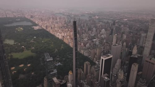 Aerial video of the skyscrapers in the city, Central Park in New York. USA