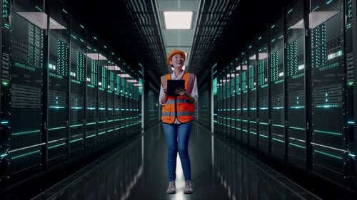 Full Body Of Asian Female Engineer Looking At The Tablet In Her Hand in Data Center