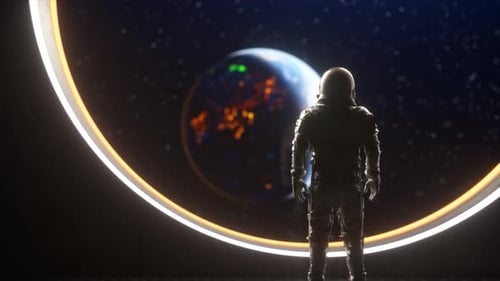 Astronaut Observing Rotating Earth from Futuristic Space Window