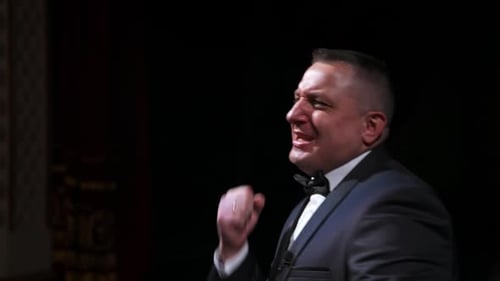 Portrait of a comedian talking.
