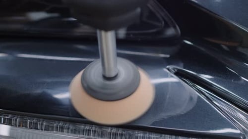 Professional Cleaner Close Up Carefully Polishing Surface of a Car with Rotary Polisher