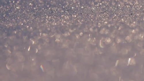 Close up shot of snow with backlight from the low evening sun, shallow depth of field. snow looking