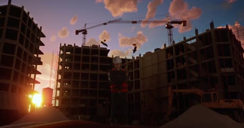 Full Body Of Asian Male Engineer Working On A Laptop And Looking Around At Construction Site