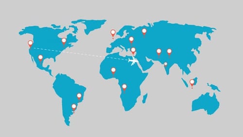 Animated World Map with Flying Airplane and Connecting Location Pins