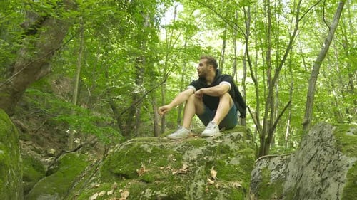 Nachdenklicher junger Mann im Wald sitzt auf dem Felsen.
