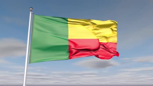 Realistic Benin Flag Waving Against a Cloudy Blue Sky