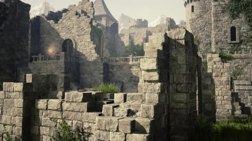 Ancient Castle at Sunrise with Mountains in Background