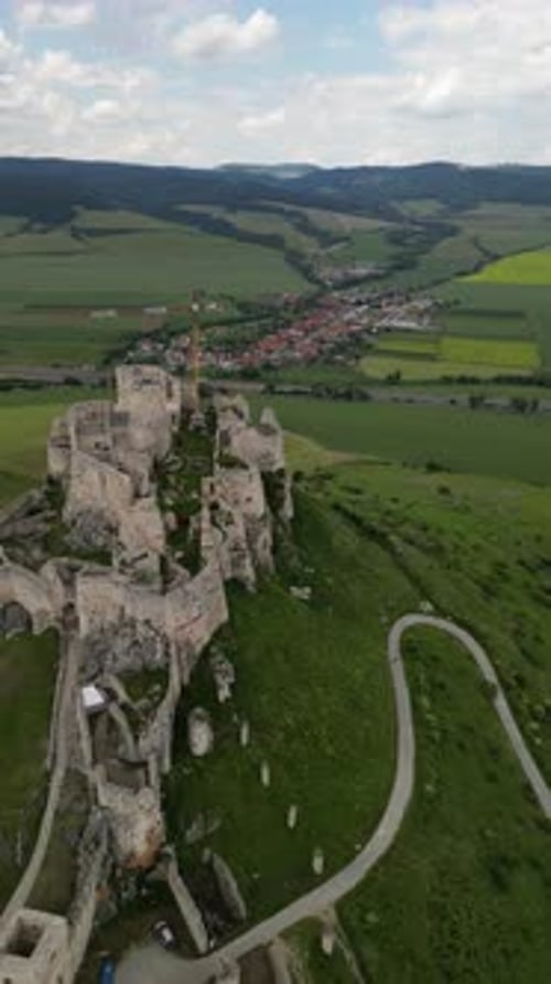 Aerial view of Spis Castle and geoglyph, a UNESCO World Heritage Site, Slovakia