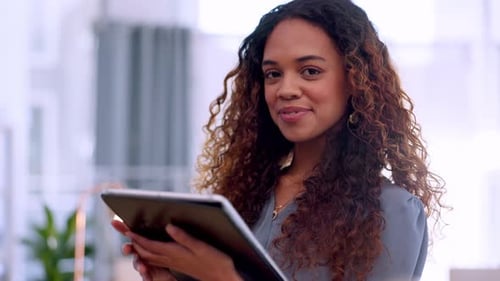 Face of black woman on tablet in office mindset for online market research