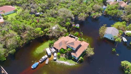 Flooded Residential Houses By Hurricane Ian Rainfall in Florida Residential Area Consequences of