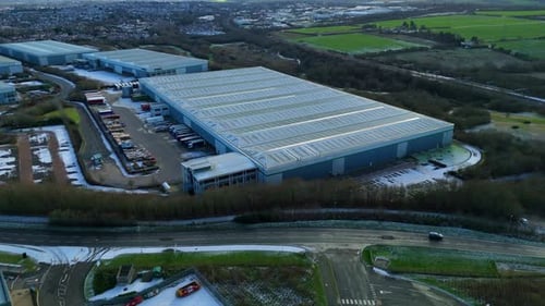 Aerial view of industrial distribution centres, United Kingdom.