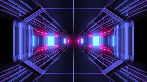 Futuristic Sci-Fi Tunnel with Neon Lights and Glowing Cubes Loop