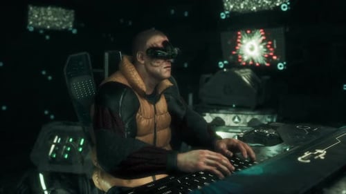 Un hacker tente une faille de sécurité dans une pièce sombre et cyberpunk 4