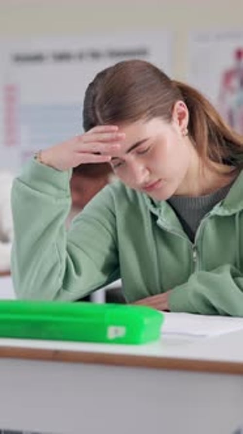 Student, stress and writing exam with education, thinking and anxiety in classroom for scholarship
