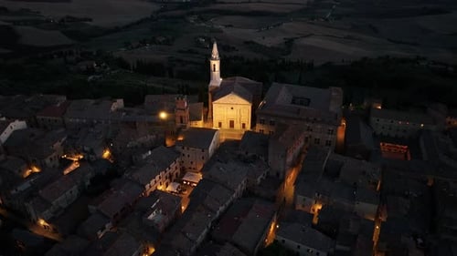 Night Aerial View of Medieval Pienza Town in Tuscany Siena Province Italy