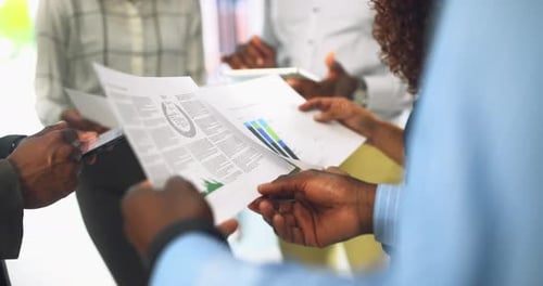 Business people, hands and analytics with graphs and charts working with company statistics