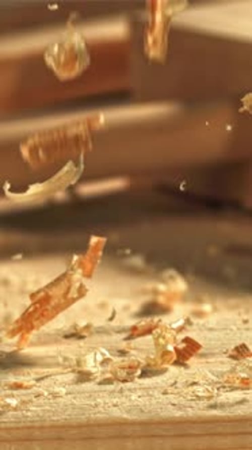 Wooden Shavings Falling on the Carpenter's Table Filmed on a Highspeed Camera at 1000 Fps