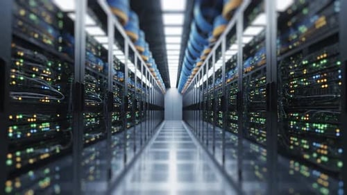 Modern Data Center Server Racks with Blinking Lights