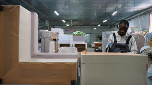 Furniture Workshop Worker Uses Electric Stapler to Attach Upholstery Fabric to Wooden Sofa Base