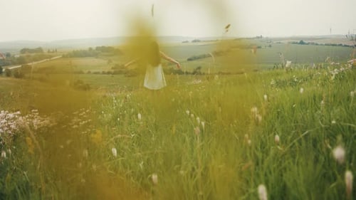 Back Footage of Wonderful Girl in Elegant White Dress Standing in Open Green Field