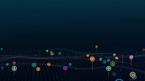 Bunte digitale Technologieikonen schweben über der Partikelwelle mit futuristischem Hintergrund