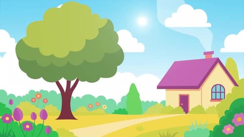 Animated Flat Design Landscape with House and Green Tree