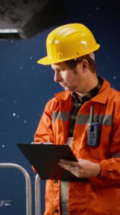 Der Arbeiter einer Bohrplattform mit vertikalem Video macht sich Notizen und überwacht die Bohrarbeiten vor der Küste