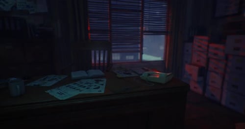 Dark Office Interior with Pulsing Red Light Animation