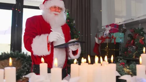 Santa Makes Notes with Stylus By Candlelight Organizing Holiday Tasks