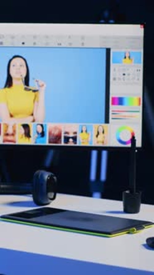 Logiciel de retouche vidéo verticale sur écran PC et tablette graphique sur bureau dans Empty Multimedia