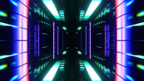 Turquoise And Purple Cyber Tunnel With Glowing Neon Squares Background Vj Loop In 4K