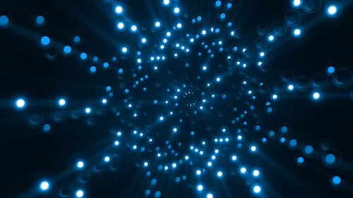 Dynamic glowing blue orbs tunnel animation with light rays