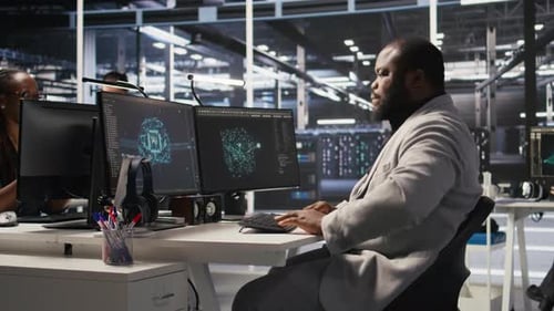 Exhausted Server Farm Employee Stretching Back