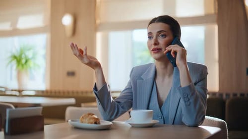 Closeup Relaxed Woman Calling Smartphone in Cafeteria Lady Talking Cellphone