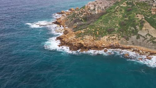 Aerial view of Gozo Island coastline, Malta.