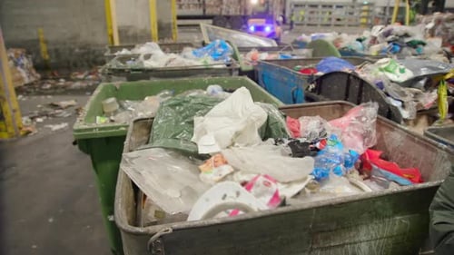 Plastic Waste in Metal Recycling Bins in a Recycling Plant.